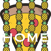 pineapple pizza image with a giant sign saying 'home'